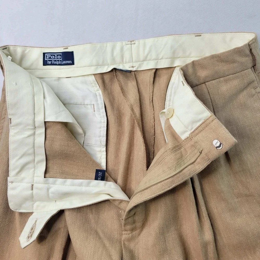 Polo Ralph Lauren Pants Men 36x32 (Fits) Herringbone Pleated Cuffed Linen Cotton
